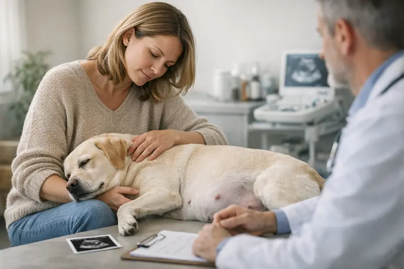Wartezeiten bei Trächtigkeit und Tierarztkosten Schwangere Hündin beim Tierarzt zur Gesundheitskontrolle wegen Wartzeiten