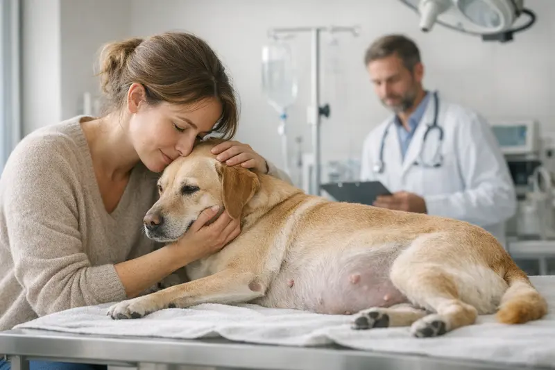 Tierarzt Kaiserschnitt Hund Ein Tierarzt untersucht einen schwangeren Hund vor einem Kaiserschnitt.