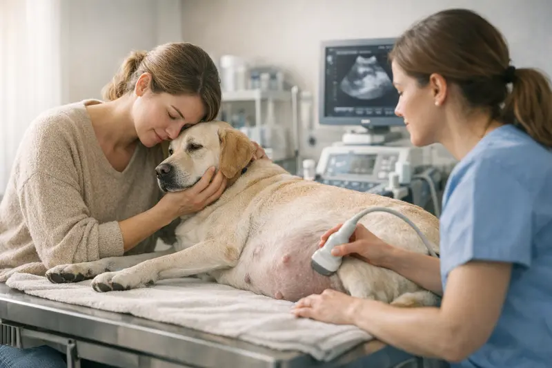 Tierärztin untersucht schwangere Hündin auf mögliche Komplikationen