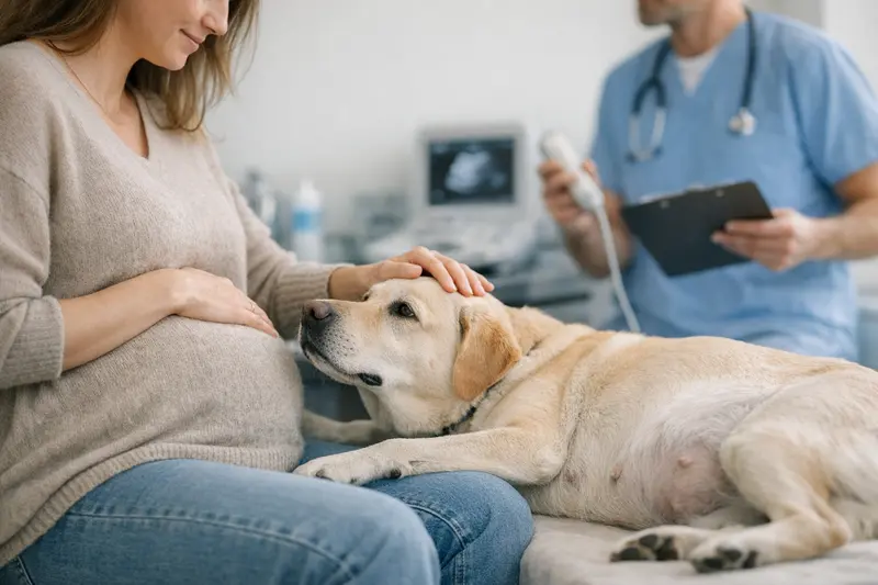 Tierärztliche Untersuchung während der Trächtigkeit Pflegende Tierärztin untersucht einen trächtigen Hund auf gesundheitliche Probleme.