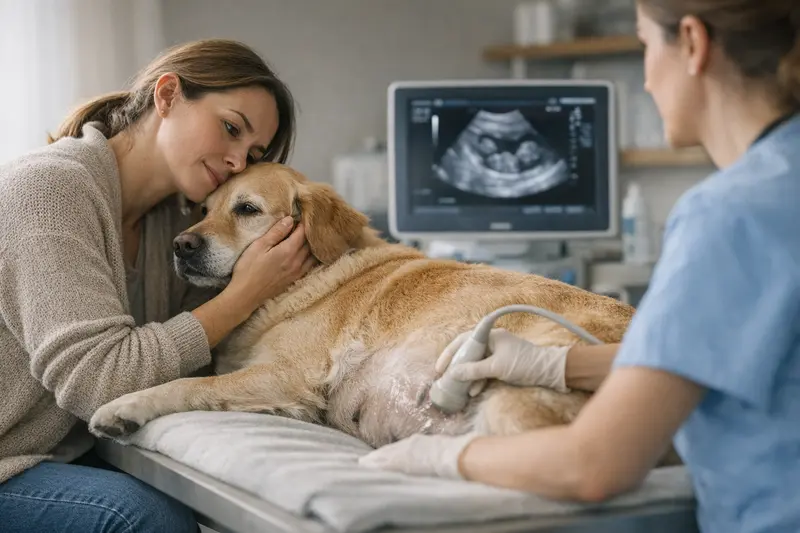 Schwangere Hündin beim Ultraschalluntersuchungstermin beim Tierarzt.