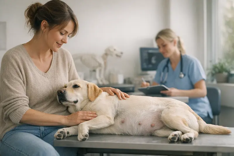 Hund bei Tierarztbehandlung Ein glücklicher Hund, der bei einem Tierarztbesuch behandelt wird, zeigt die Wichtigkeit einer Versicherung vor der Trächtigkeit.
