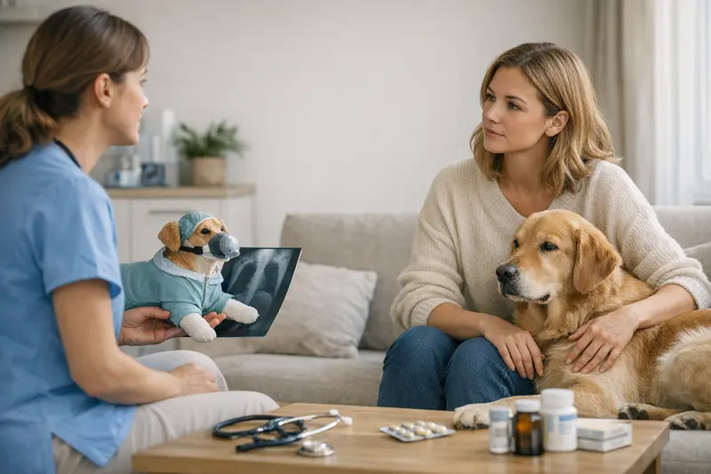 Tierarztbesuch Hund Gesundheitssicherung Ein Hund sitzt beim Tierarzt und wartet auf eine Untersuchung zur Gesundheitsabsicherung.