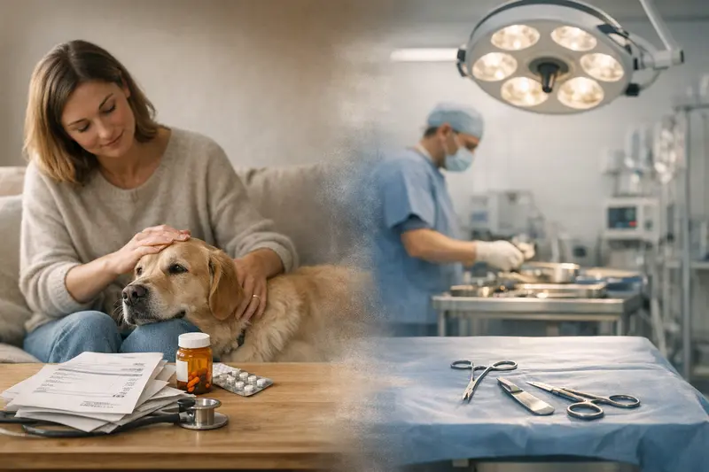OP-Schutz vs. Krankenabsicherung für Hunde Illustration einer Hundebesitzerin, die über OP-Schutz und Krankenabsicherung nachdenkt.