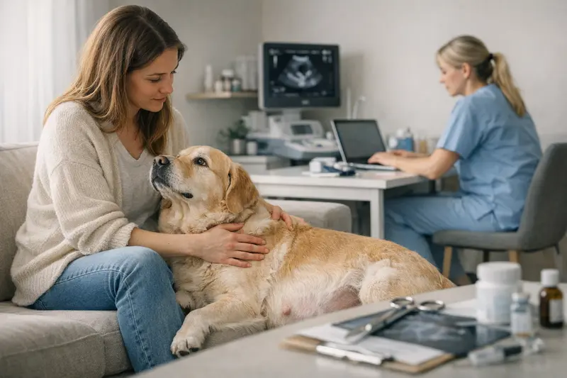 Hunde beim Tierarzt, während einer Untersuchung zur Trächtigkeit, die wichtige Tarifmerkmale erläutert.