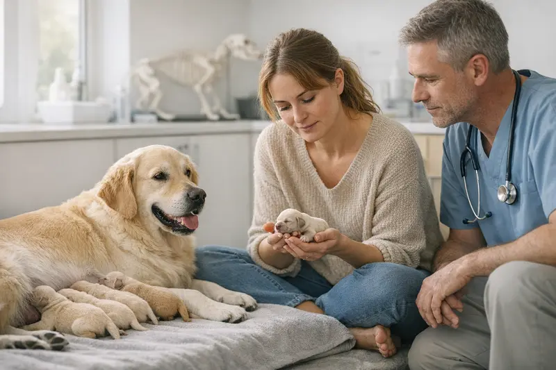 Tierarztbesuch nach der Geburt für Hundewelpen Ein Hundewelpe mit seiner Mutter, der Tierarzt behandelt das Muttertier nach der Geburt.
