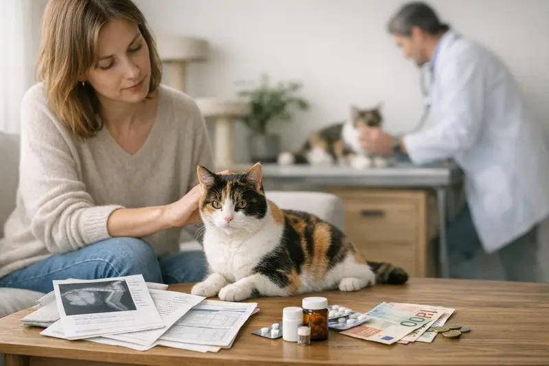 Tricolor Katze beim Tierarzt, die eine umfassende Gesundheitsuntersuchung erhält.