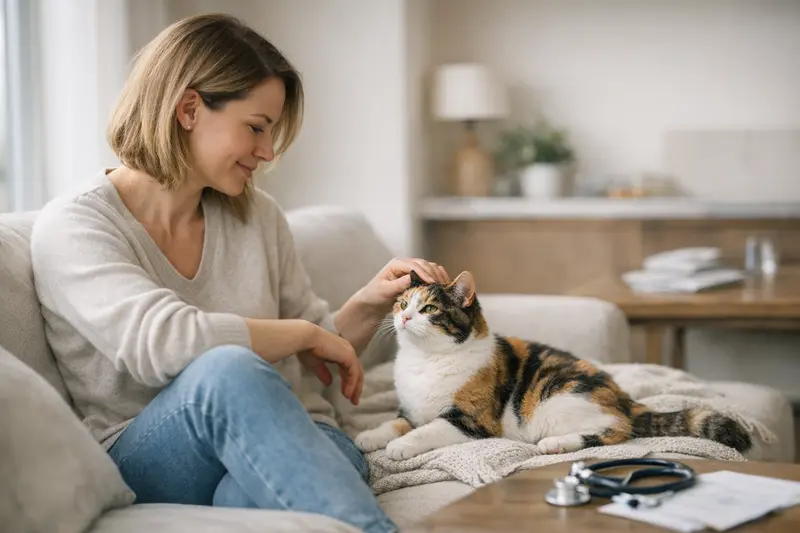 Tricolor Katze - Gesundheit sichern Tricolor Katze entspannt auf einem Sofa, symbolisiert die Gesundheit und Absicherung durch eine Katzenversicherung.