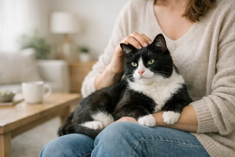 Tuxedo-Katze in entspanntem Zuhause Eine schwarze und weiße Tuxedo-Katze sitzt in einem sonnigen Raum und genießt die Ruhe.