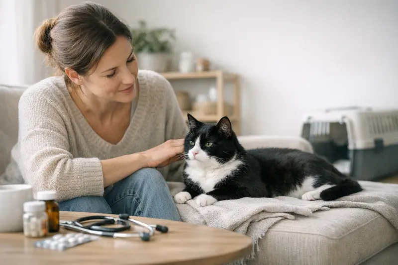 Tuxedo-Katze beim Tierarzt Eine Tuxedo-Katze liegt entspannt auf einer Tierarztliege während einer Untersuchung.