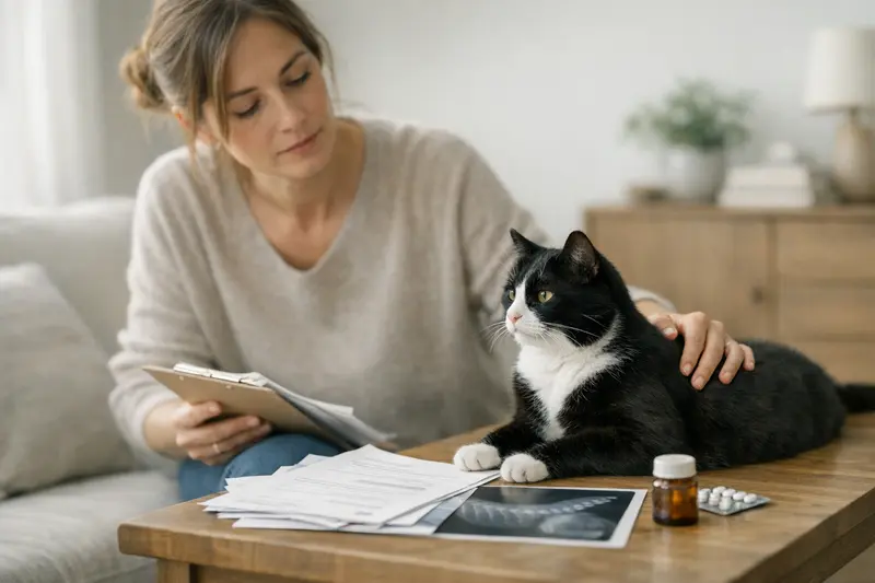Wartezeiten und Vorerkrankungen in der Katzenversicherung Tuxedo Katze entspannt auf einem Sofa, symbolisiert die Wichtigkeit von Katzenversicherungen und Wartezeiten.