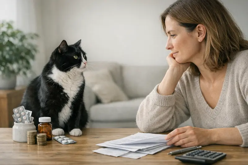 Eine Tuxedo-Katze steht vor einem Rechnungsdokument und überlegt, welche Selbstbeteiligung für die Versicherung zu wählen ist.