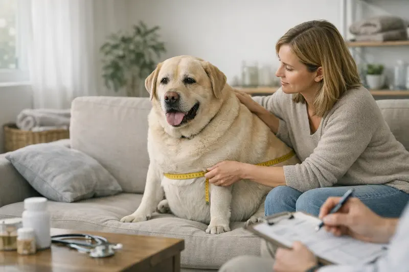 Hund beim Tierarzt zur Untersuchung von Übergewicht Ein Hund beim Tierarzt, der auf Übergewicht untersucht wird und eine mögliche OP-Option bespricht.
