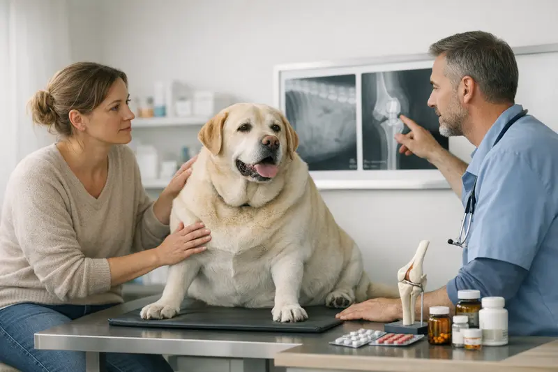 Tierarztkosten bei übergewichtigen Hunden Ein Hund wird von einem Tierarzt wegen Übergewicht untersucht.