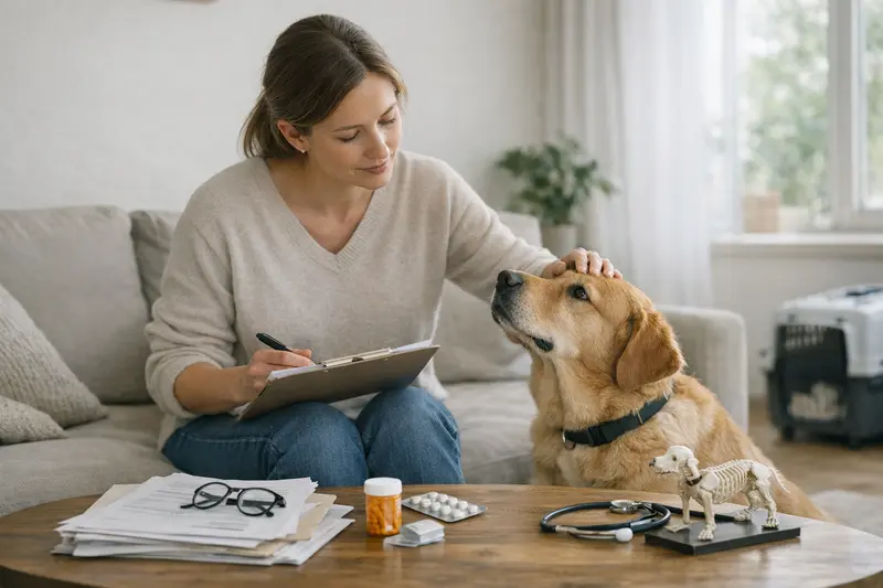 Hund auf der Tierarztliege, während der Besitzer über Versicherungstarife nachdenkt.