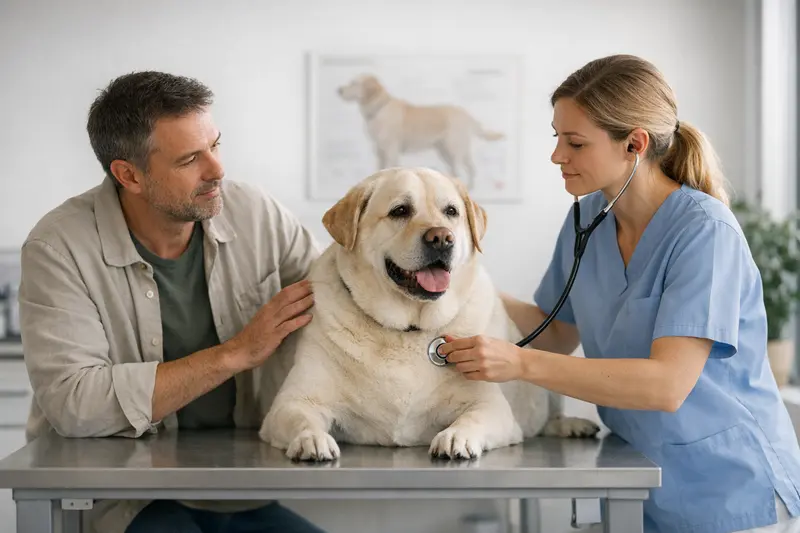 Ein gesunder Hund mit lebhaftem Blick, der vom Tierarzt untersucht wird, um die Auswirkungen von Übergewicht zu besprechen.