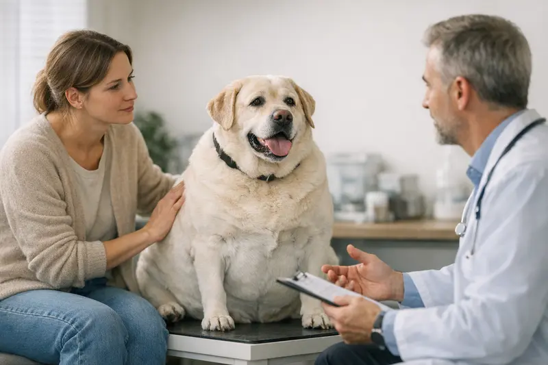 Tierarztbesuch übergewichtiger Hund Ein übergewichtiger Hund beim Besuch beim Tierarzt zur Gesundheitsprüfung.