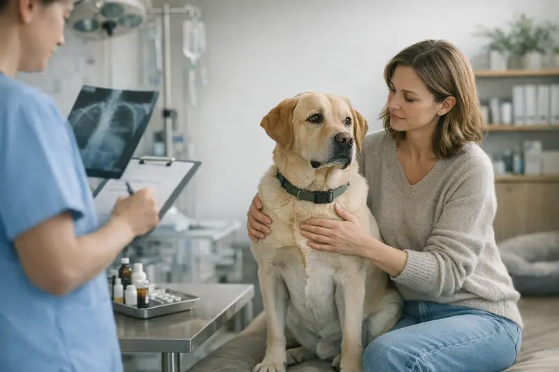 Hund beim Tierarzt zur Besprechung von OP-Versicherung und Krankenversicherung