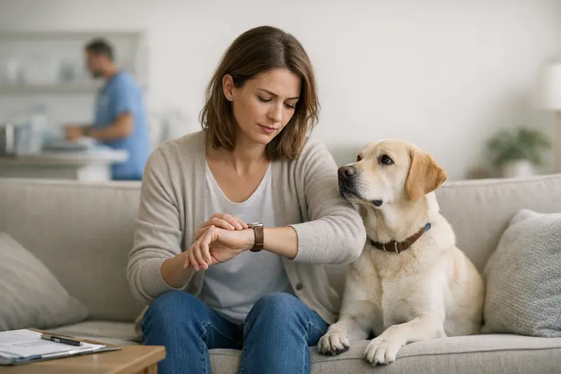 Tierarztbesuch mit Hund Ein Hund sitzt beim Tierarzt und wird untersucht, während eine Besitzerin besorgt auf die Behandlung hinweist.
