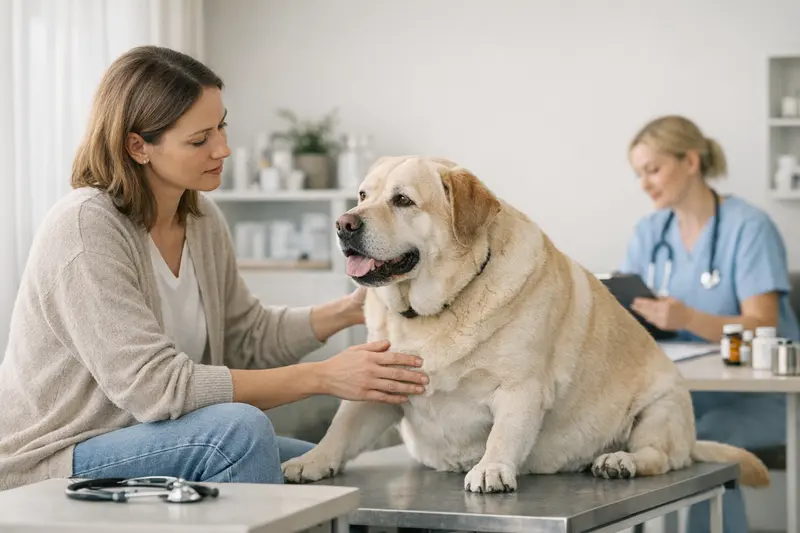 Tierarztbesuch übergewichtiger Hund Ein übergewichtiger Hund bei einer tierärztlichen Untersuchung zur Absicherung von Tierarztkosten.