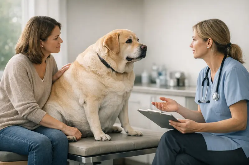 Übergewicht beim Hund - Tierarztbesuch Ein übergewichtiger Hund sitzt beim Tierarzt und wird untersucht.