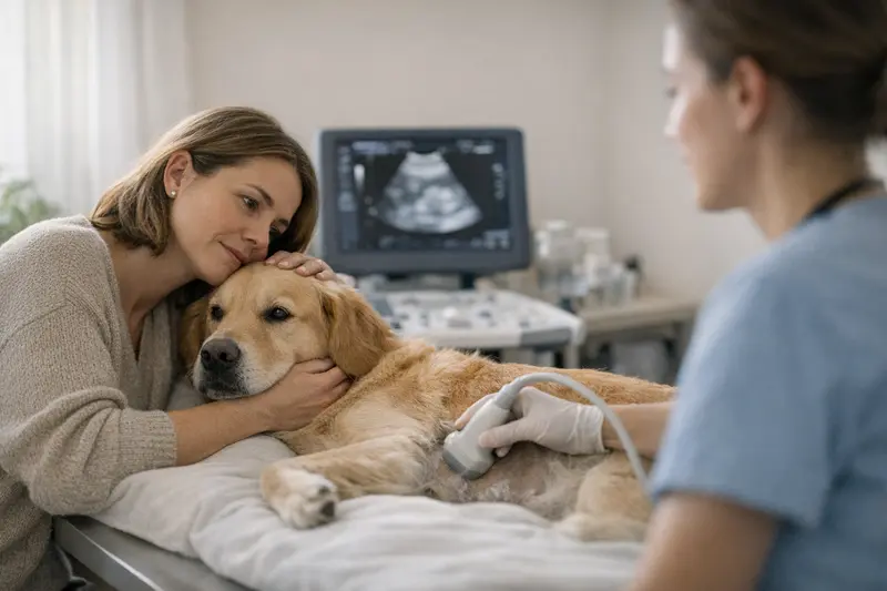 Ultraschalluntersuchung beim Hund Ein Hund wird beim Tierarzt mit einem Ultraschallgerät untersucht, was wichtige Informationen über seine Gesundheit liefert.