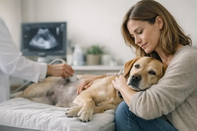 Ultraschalluntersuchung beim Hund Ein Hund beim Ultraschall, um mögliche gesundheitliche Probleme zu diagnostizieren.