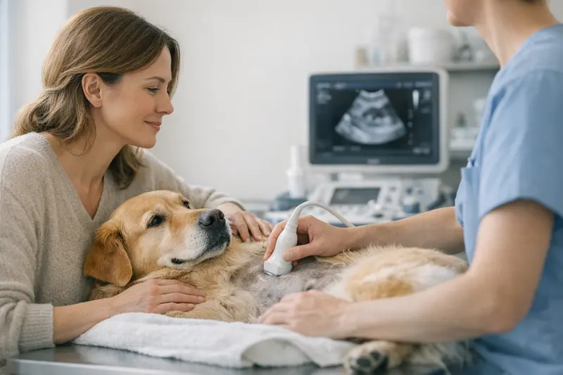 Ultraschalluntersuchung beim Hund Ein Hund wird bei einem Tierarzt mittels Ultraschall untersucht, um mögliche gesundheitliche Probleme festzustellen.