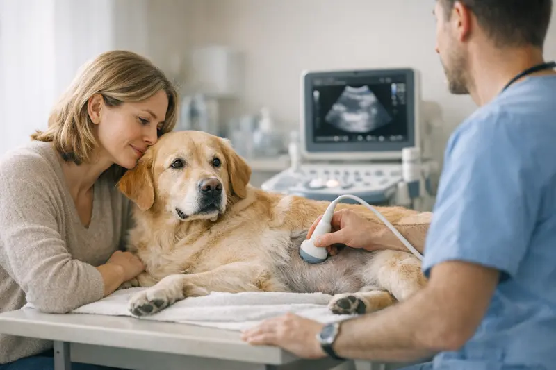 Ultraschalluntersuchung Hund Ultraschalluntersuchung bei einem Hund zur Diagnose von Krankheiten.