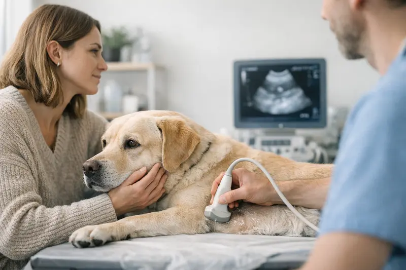 Ultraschalluntersuchung Hund Ultraschalluntersuchung bei einem Hund beim Tierarzt zur Kostenklärung mit Hundekrankenversicherung.