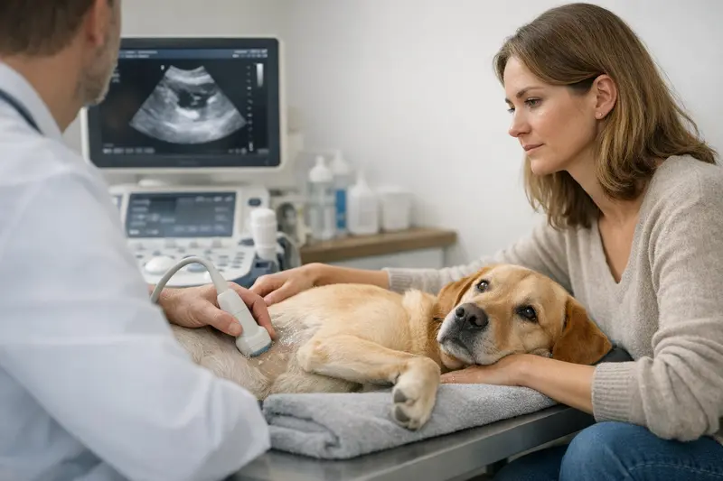 Ein Tierarzt führt bei einem Hund einen Ultraschall durch, um gesundheitliche Probleme zu diagnostizieren.