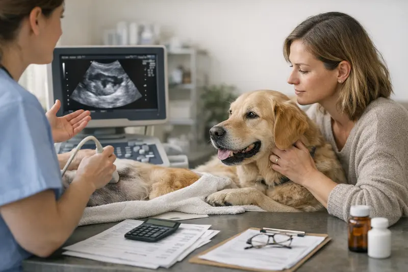 Ultraschalluntersuchung Hund Hündin erhält Ultraschalluntersuchung beim Tierarzt zur Gesundheitsprüfung.
