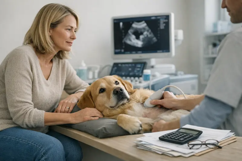 Ein Hund bekommt eine Ultraschalluntersuchung beim Tierarzt, während die Tierhalter die Kosten und Selbstbeteiligung in Betracht ziehen.