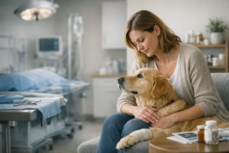 Ein Hundebesitzer bespricht mit einem Tierarzt die Optionen einer OP-Versicherung versus einer Krankenversicherung.