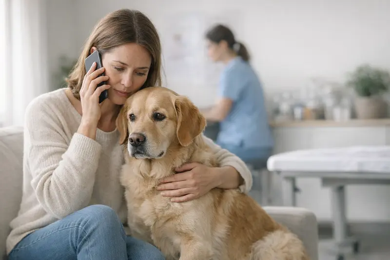 Tierarztbesuch nach ungewolltem Deckakt Eine Tierärztin erklärt einem Hundebesitzer die nächsten Schritte nach einem ungewollten Deckakt.