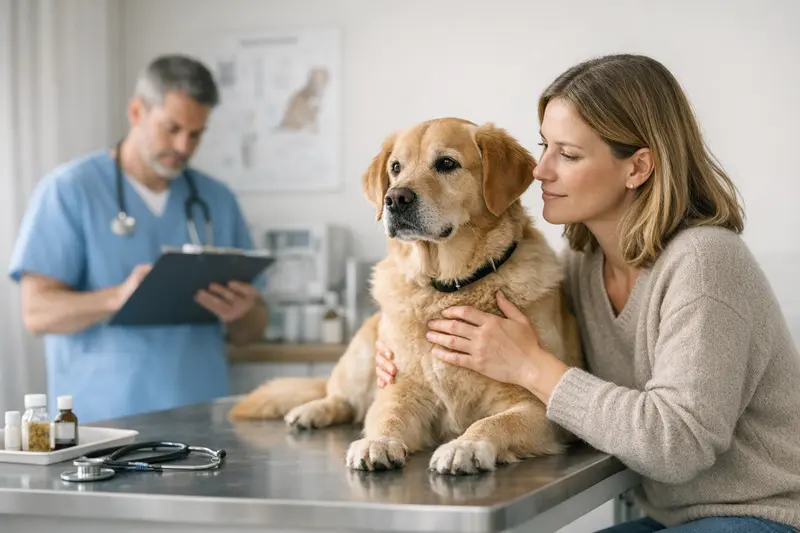 Hundekrankenversicherung Tarife und Leistungen Ein Hund beim Tierarzt, der eine Untersuchung für seine Krankenversicherung erhält.
