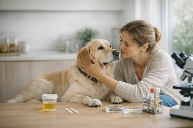 Schnelltest zur Urinuntersuchung bei Hund Schnelltest zur Urinuntersuchung eines Hundes zeigt die Relevanz der Tiergesundheit.