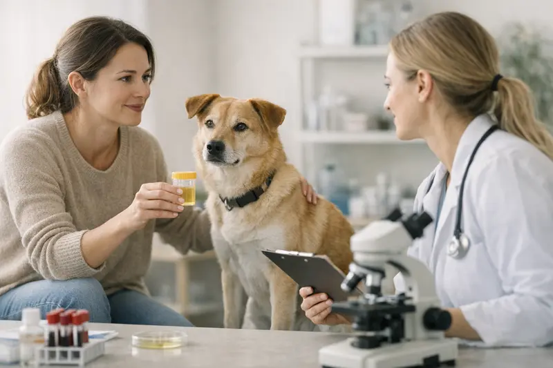 Hund bei der Urinuntersuchung in einer Tierarztpraxis zur Kostenerstattung durch die Versicherung