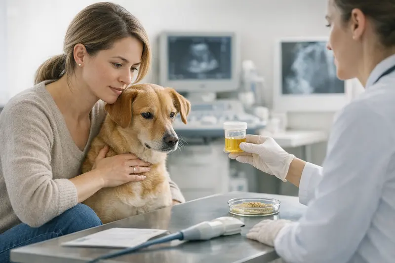 Kosten einer Urinuntersuchung bei Hunden Urinuntersuchung eines Hundes beim Tierarzt zur Einschätzung der Gesundheit und Kosten.