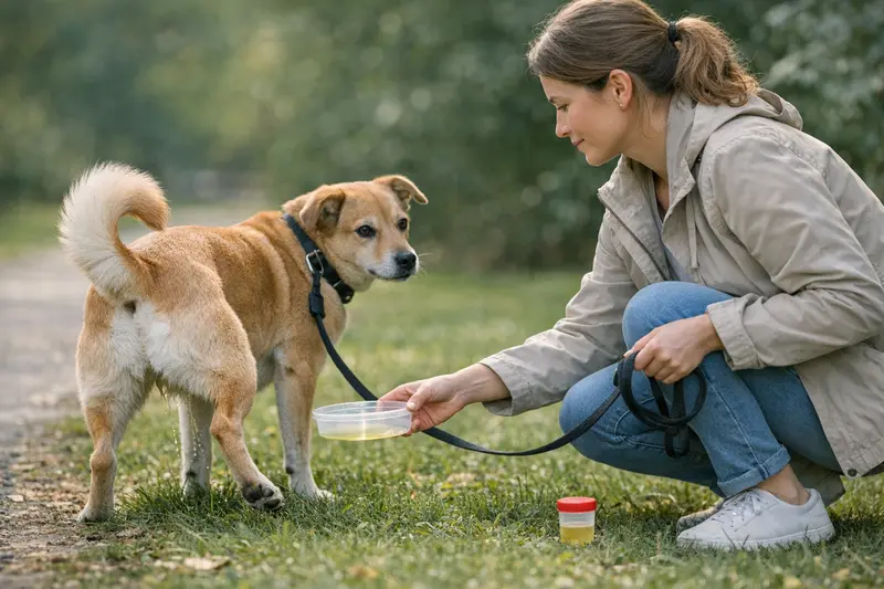 Urinprobe vom Hund richtig nehmen Ein Hund wird durch seinen Besitzer beim Spaziergang auf das Urinauffangen vorbereitet.