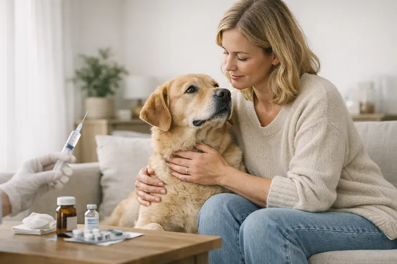 Tierarztbesuch zur Impfung des Hundes Tierarzt bei der Impfung eines Hundes, der in der Tierversicherung berücksichtigt wird.