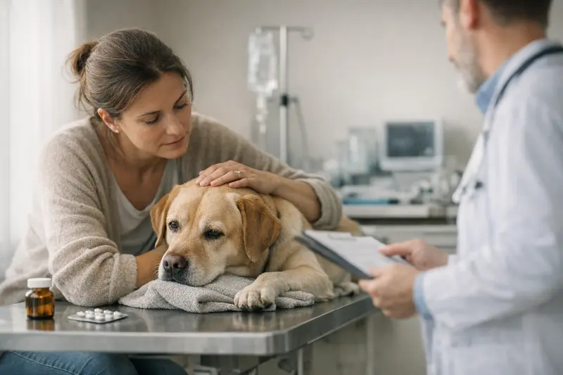 Tierarztbesuch Hund Ein besorgter Hundebesitzer, der seinem Hund beim Tierarzt eine Behandlung zukommen lässt.