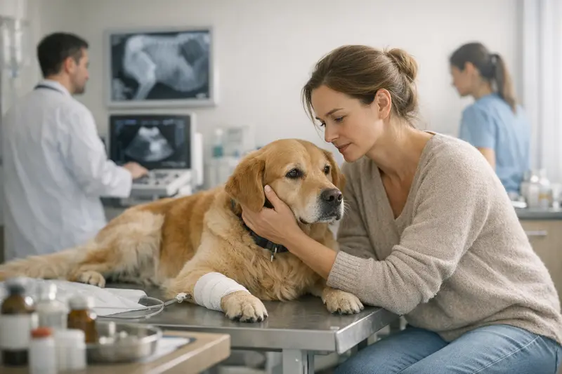Ein Hund wird in einer Tierarztpraxis behandelt, während sein Besitzer besorgt zusieht.