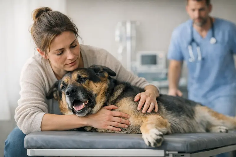 Warnzeichen beim Hund – Notfallsituationen erkennen Ein Hund mit Atemnot, der auf dem Weg zum Tierarzt in einer Notfallsituation ist.