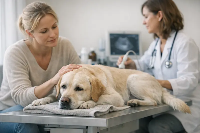 Hund mit Wasserrute beim Tierarzt Ein Hund mit Wasserrute wird vom Tierarzt untersucht.