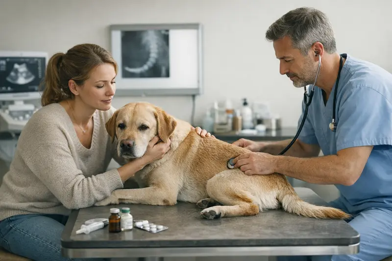 Tierarztuntersuchung Hund Wasserrute Ein Hund wird von einem Tierarzt untersucht, um Wasserrute zu diagnostizieren.