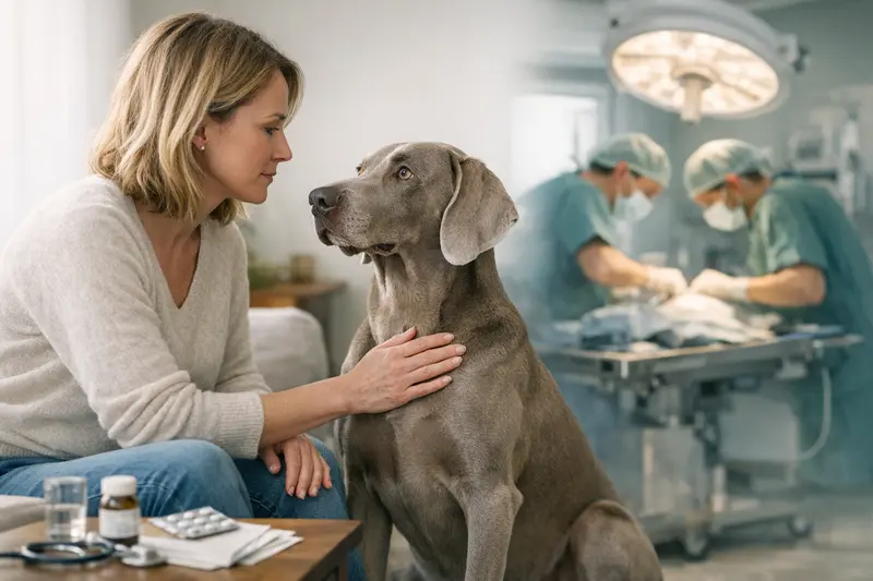 Weimaraner mit Tierarzt, der wichtige Informationen zur Krankenversicherung vermittelt.