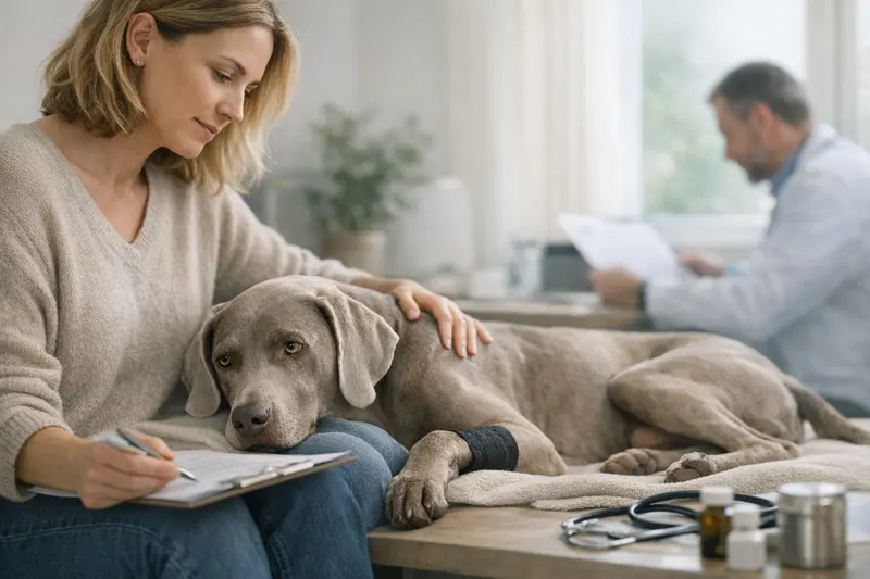 Hund mit medizinischer Behandlung zur Absicherung bei Vorerkrankungen Ein weinender Hund mit einem Verband verbunden, der medizinische Betreuung erhält. Dies verdeutlicht die Wichtigkeit einer frühen Absicherung bei Vorerkrankungen.