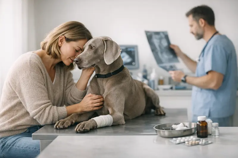 Ein Hund wird von einem Tierarzt untersucht, während die möglichen Tierarztkosten durch eine Hundekrankenversicherung besprochen werden.