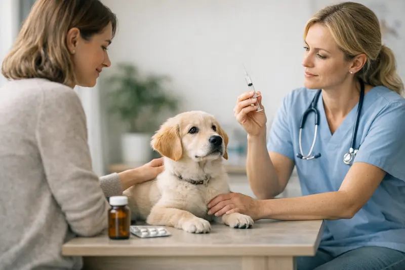 Tierarztbesuch für Hundevorsorge Ein glücklicher Hund beim Tierarzt, der auf Gesundheitsvorsorge geprüft wird.